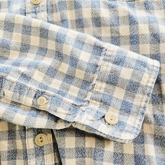 GAP 1969 Cotton Tan Blue Plaid Checkered Long Sleeve Button Down Chore Shirt L - Picture 5 of 7